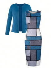 Women's Elegant Set Solid Color Long Sleeve Cardigan Jacket And Geometric Print Fitted Dress 2-Piece Set